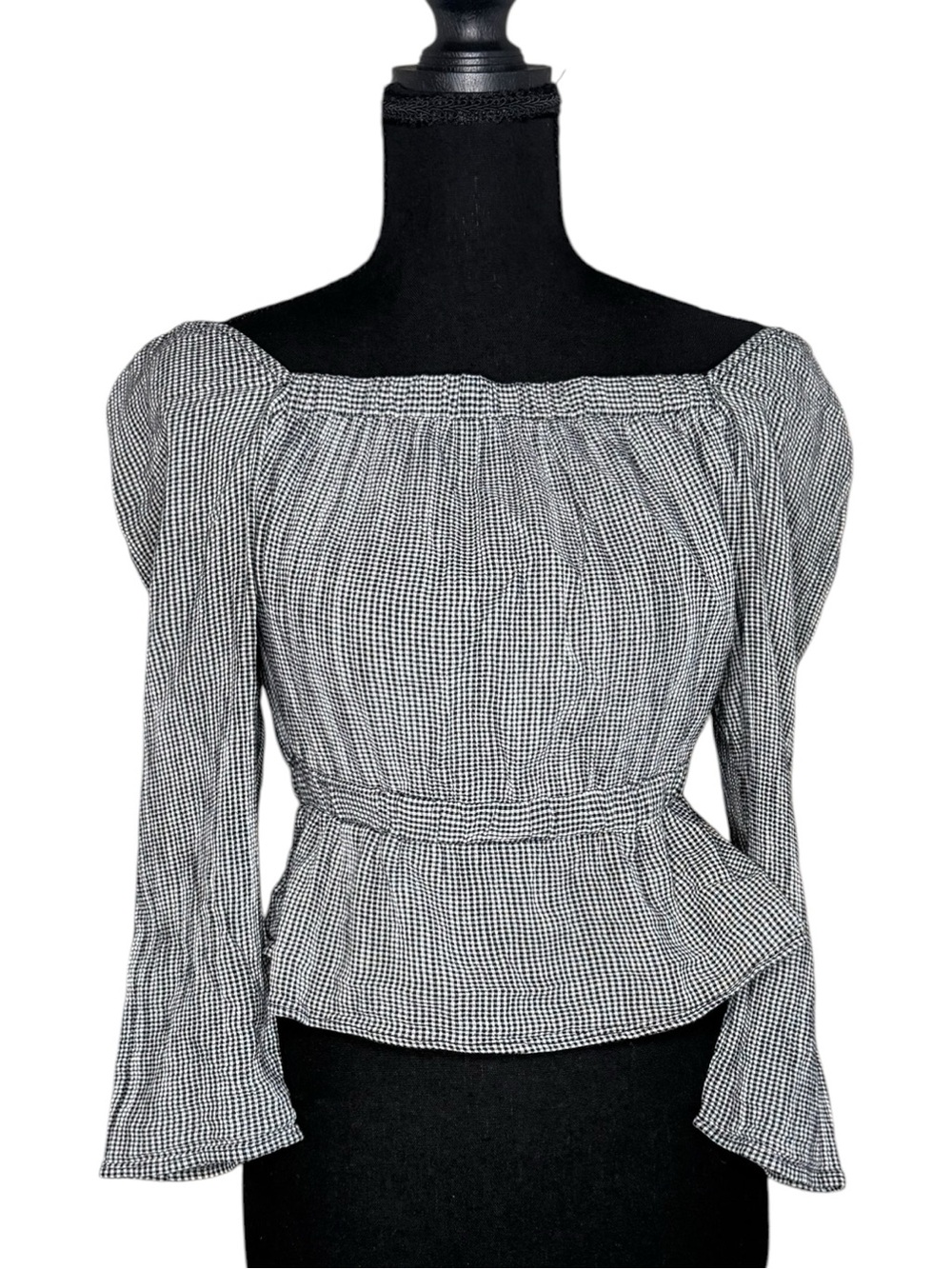 7 For All Mankind Black & White Gingham Square-Neck Peplum Top